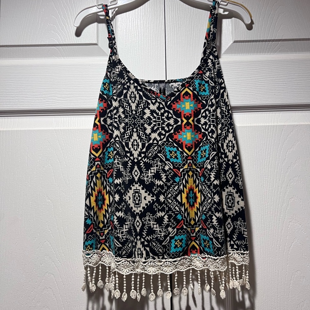 Full Tilt Black and Multicolor Tribal Tank Top with Lace Trim